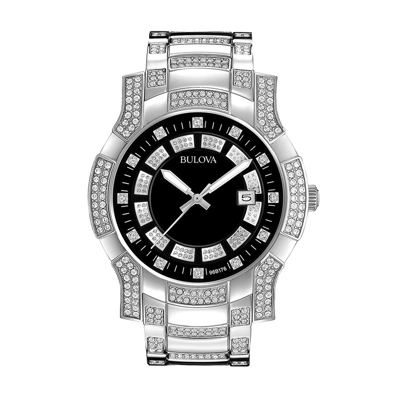 Men's Bulova Crystal Accent Watch with Black Dial (Model: 96B176)