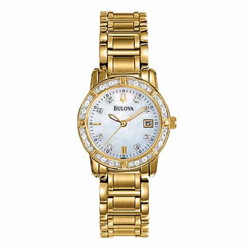 Ladies' Bulova Highbridge Diamond Accent Gold-Tone Watch with Mother-of-Pearl Dial (Model: 98R165)