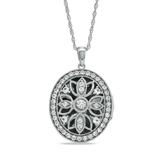 Lab-Created White Sapphire Oval Locket Pendant in Sterling Silver