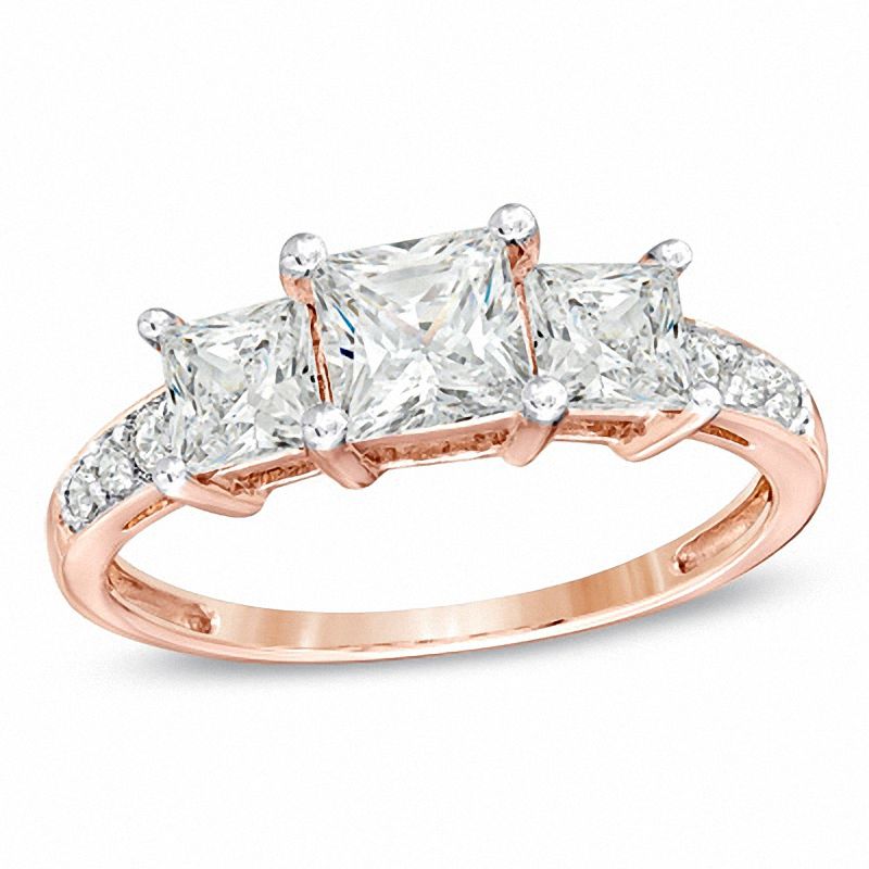 Main Image 1 of Princess-Cut Lab-Created White Sapphire Three Stone Ring in 10K Rose Gold