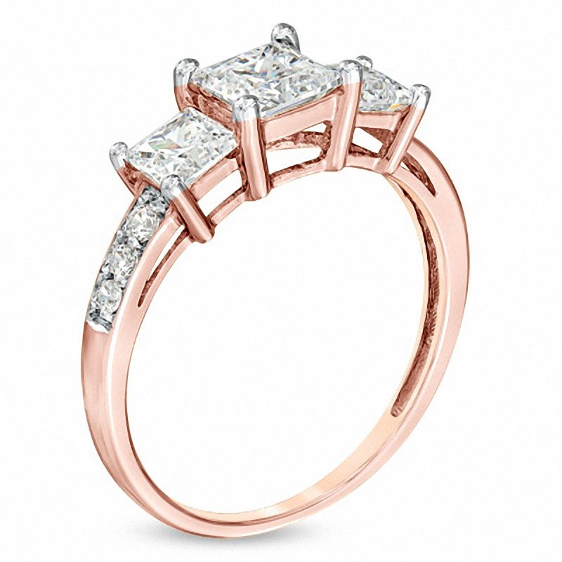 Main Image 2 of Princess-Cut Lab-Created White Sapphire Three Stone Ring in 10K Rose Gold