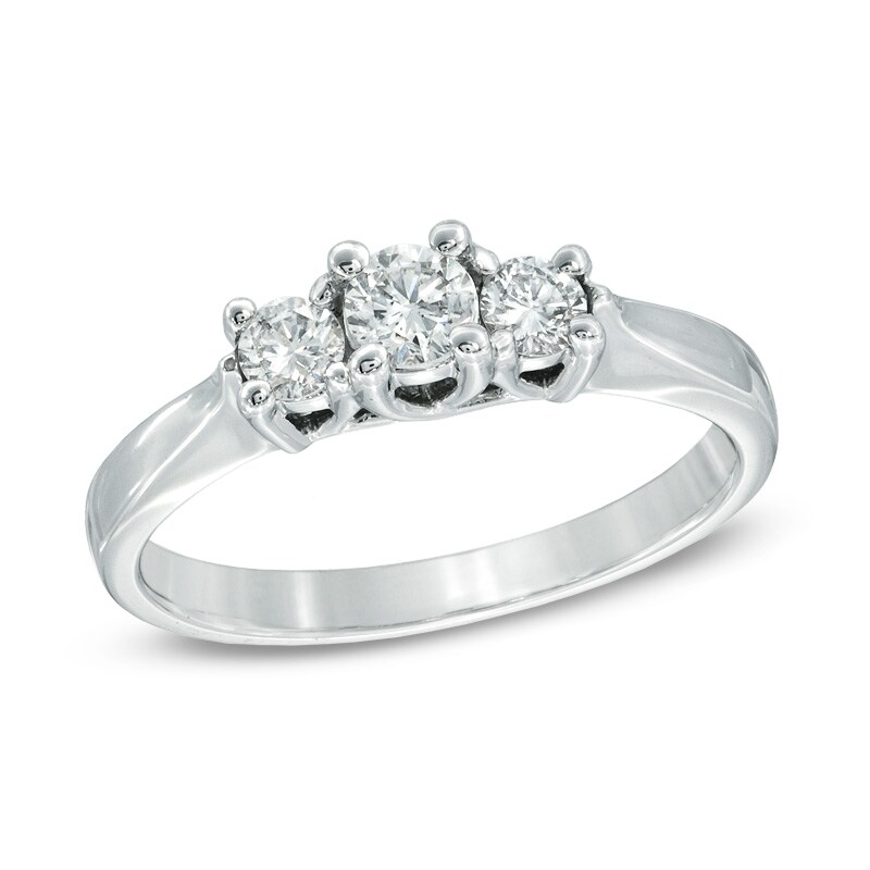 Main Image 1 of 1/2 CT. T.W. Certified Diamond Three Stone Ring in 14K White Gold (I/I2)