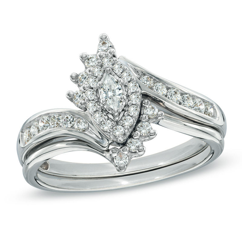 Main Image 1 of 1/2 CT. T.W. Marquise-Shape Diamond Bypass Bridal Set in 14K White Gold