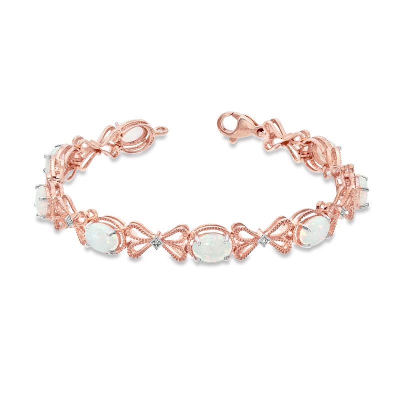 Main Image 2 of Oval Lab-Created Opal and Diamond Accent Bracelet in Sterling Silver with 14K Rose Gold Plate - 7.25"