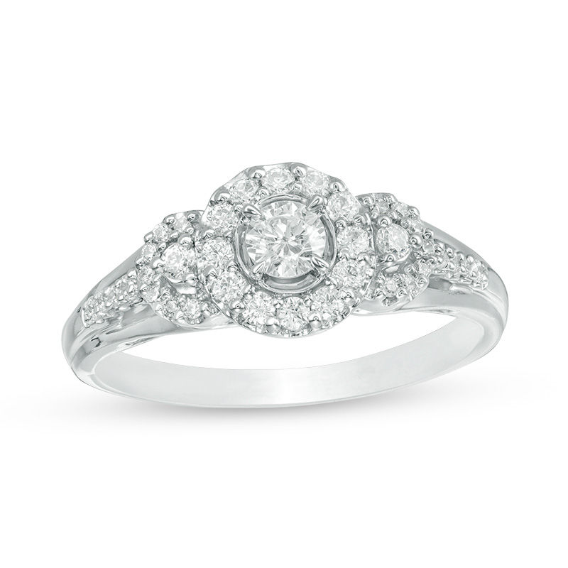 Main Image 1 of 1/2 CT. T.W. Diamond Three Stone Frame Ring in 14K White Gold