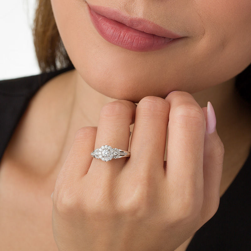 Main Image 3 of 1/2 CT. T.W. Diamond Three Stone Frame Ring in 14K White Gold