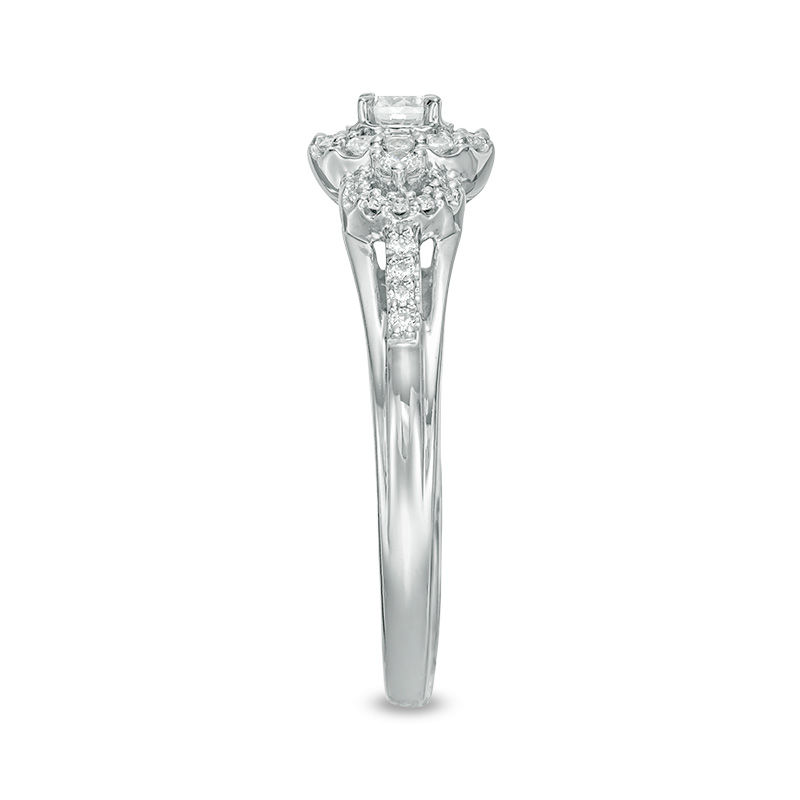 Main Image 5 of 1/2 CT. T.W. Diamond Three Stone Frame Ring in 14K White Gold