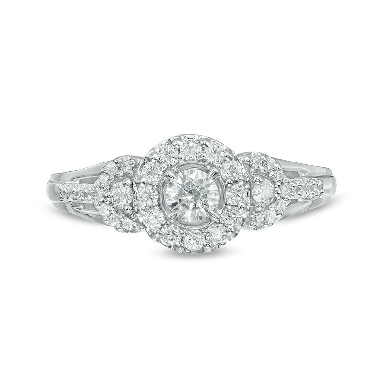 Main Image 7 of 1/2 CT. T.W. Diamond Three Stone Frame Ring in 14K White Gold