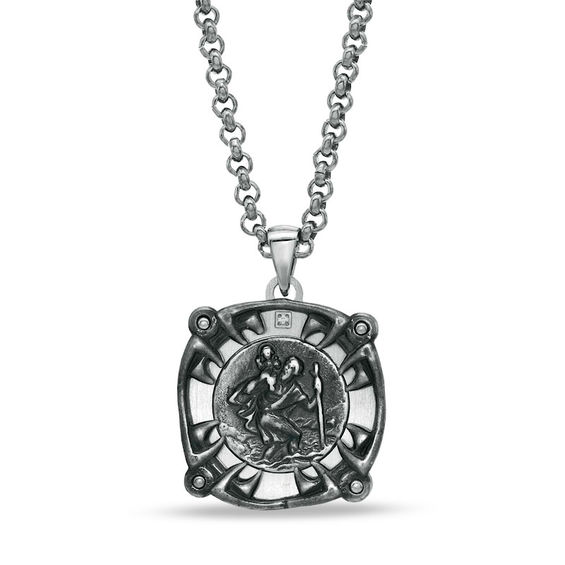Black Blue Jewelry Co. Men s Diamond Accent Saint Christopher Medal Pendant in Stainless Steel 24 Zales