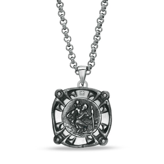 Black & Blue Jewelry Co. Men's Diamond Accent Saint Christopher Medal Pendant in Stainless Steel - 24"