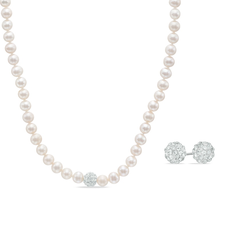 6.0 - 7.0mm Cultured Freshwater Pearl and Crystal Necklace and Stud Earrings Set in Sterling Silver