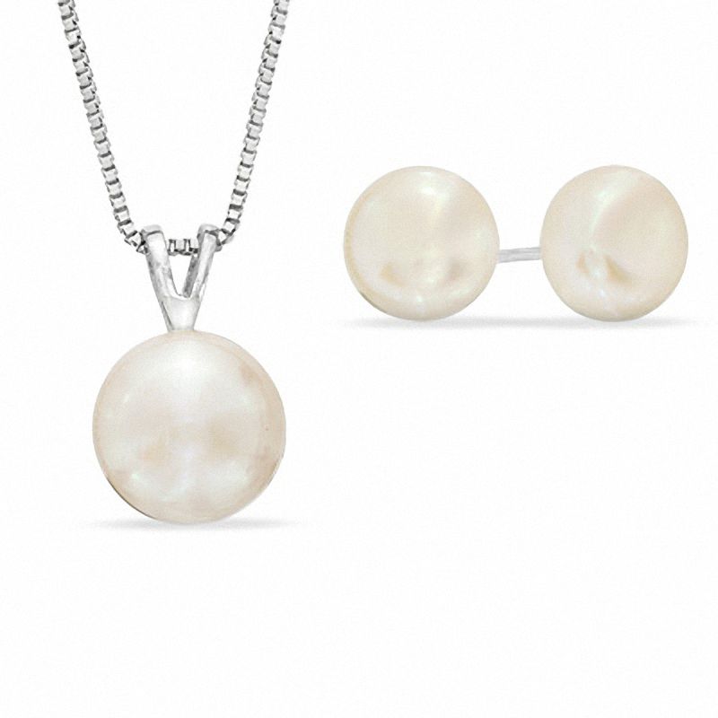 9.0 - 10.0mm Cultured Freshwater Pearl Pendant and Stud Earrings Set in Sterling Silver