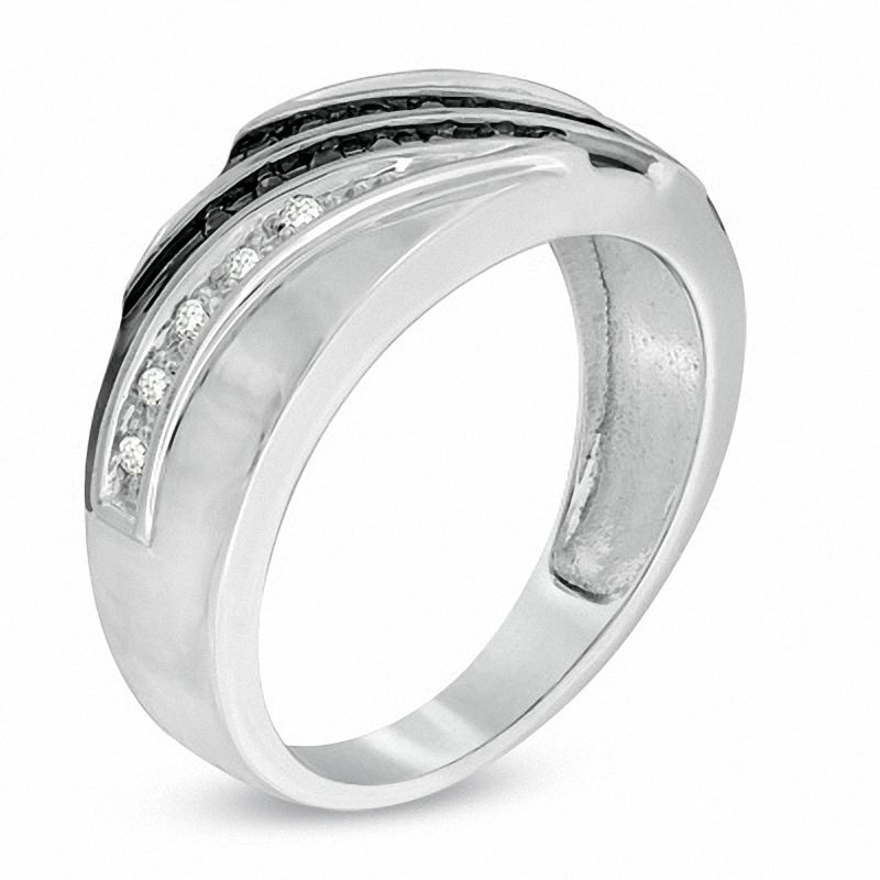 Main Image 2 of Men's 1/5 CT. T.W. Enhanced Black and White Diamond Ring in 10K White Gold