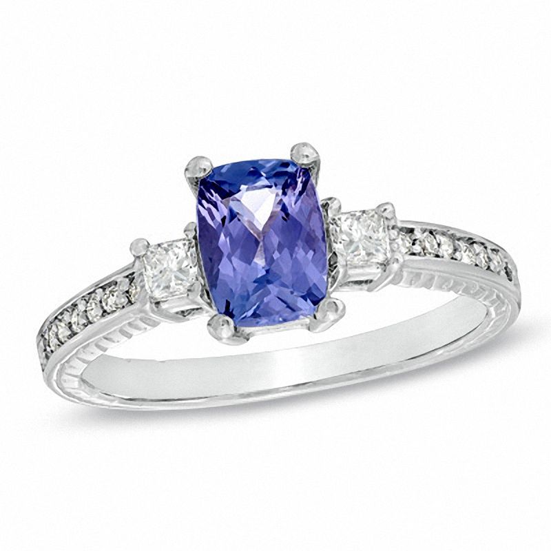 Cushion-Cut Tanzanite and 1/4 CT. T.W. Diamond Engagement Ring in 14K White Gold