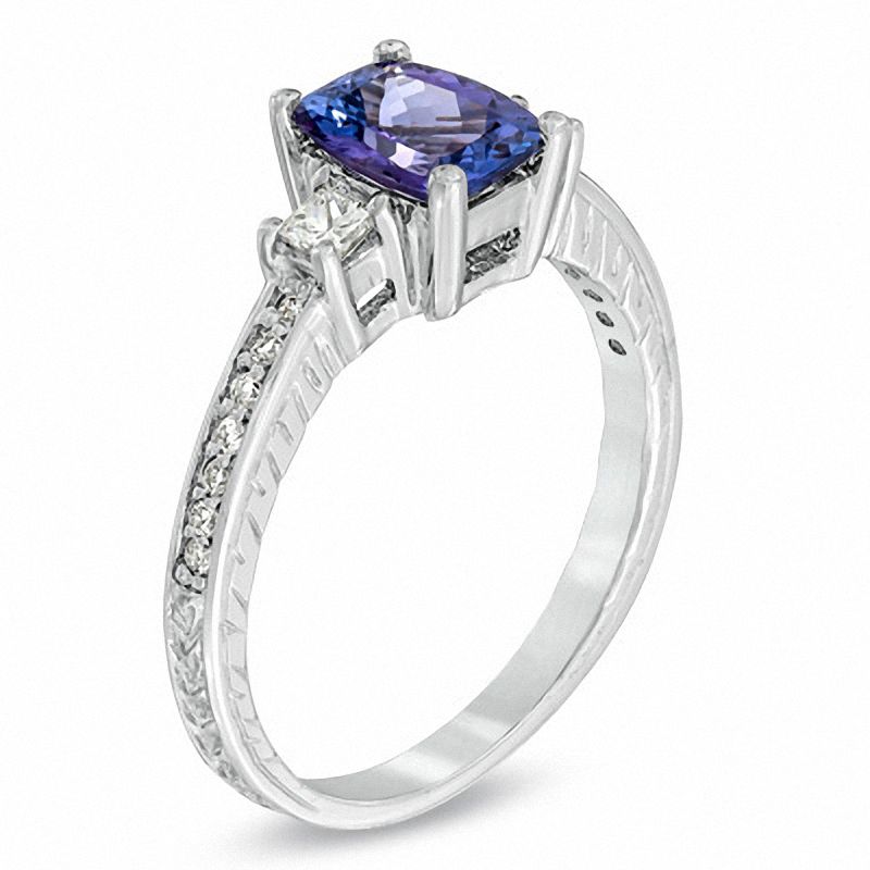 Cushion-Cut Tanzanite and 1/4 CT. T.W. Diamond Engagement Ring in 14K White Gold