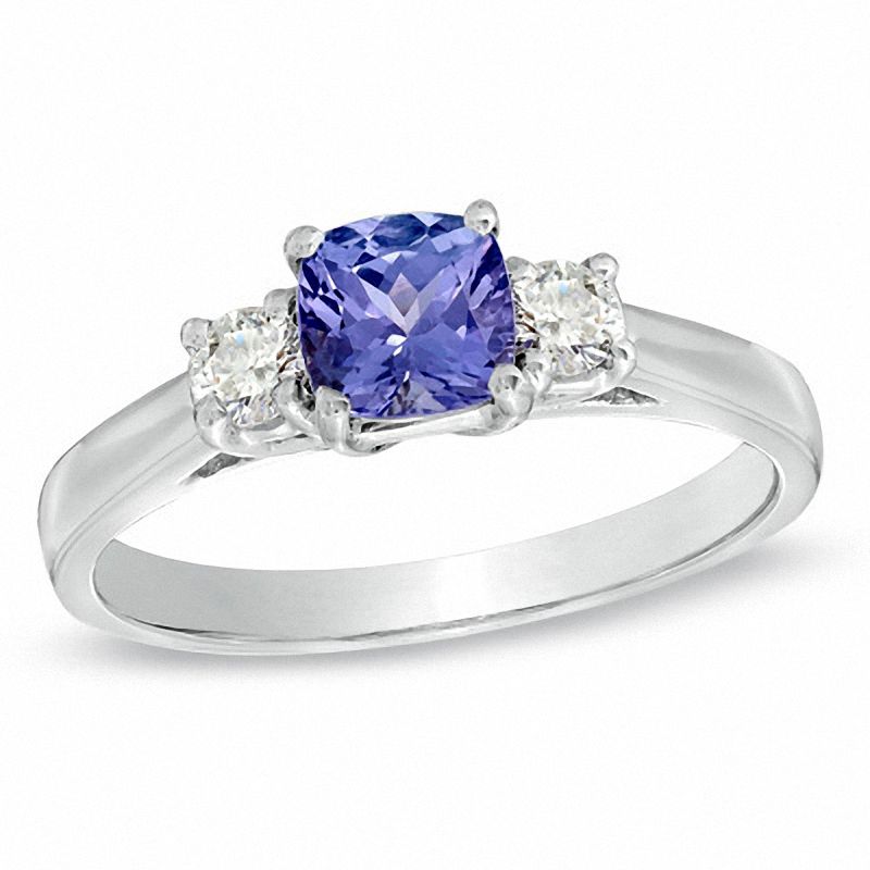 5.0mm Cushion-Cut Tanzanite and 1/5 CT. T.W. Diamond Ring in 14K White Gold