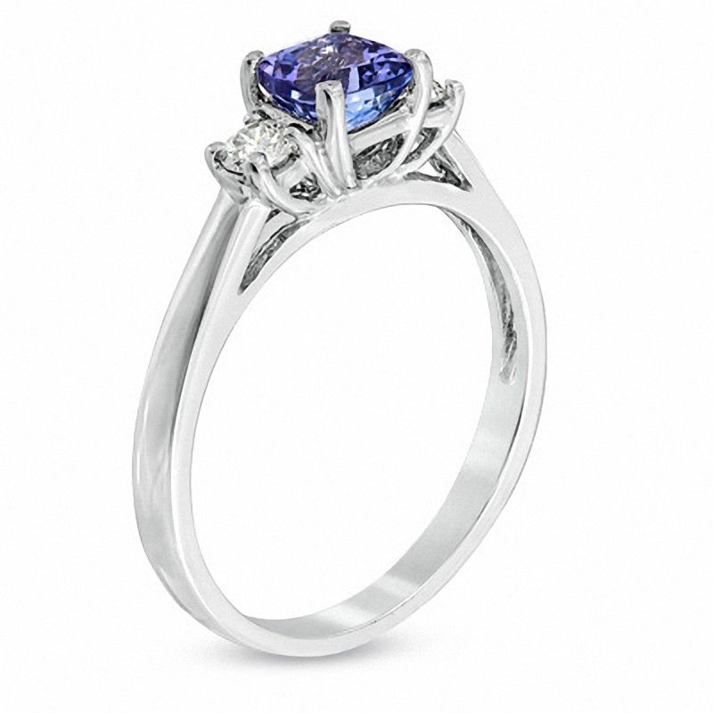 Main Image 2 of 5.0mm Cushion-Cut Tanzanite and 1/5 CT. T.W. Diamond Ring in 14K White Gold