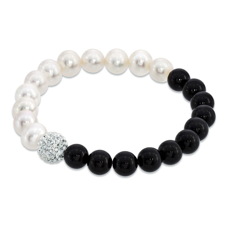 8.0 - 9.0mm Cultured Freshwater Pearl, Onyx and Crystal Bead Bracelet - 7.25"