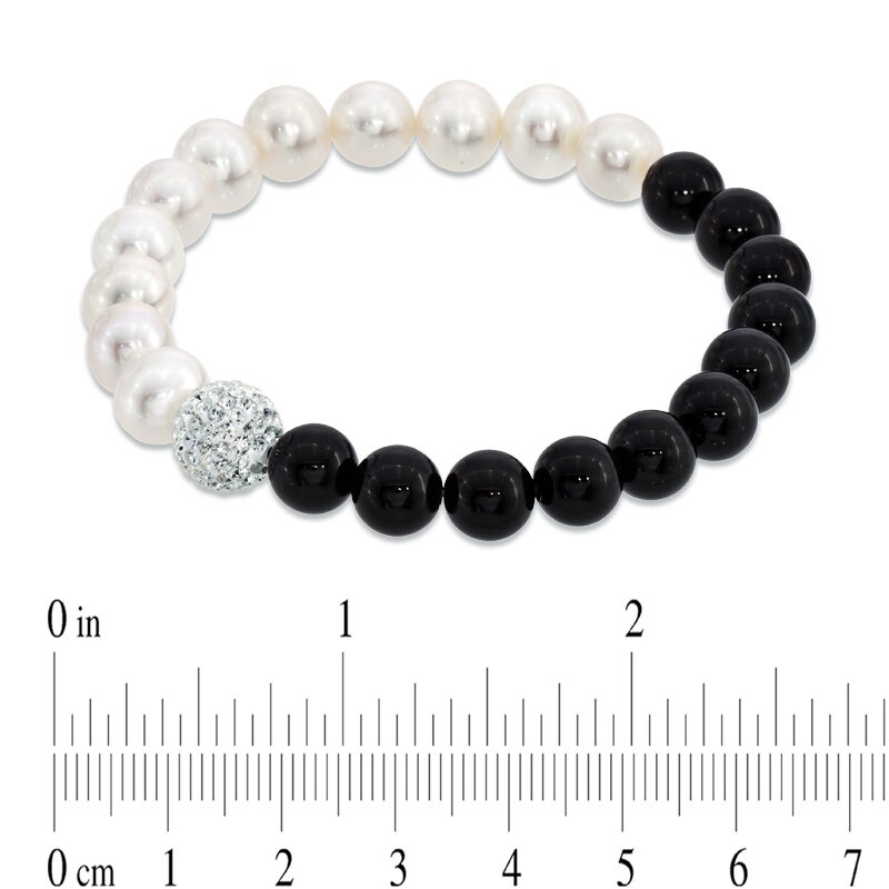 8.0 - 9.0mm Cultured Freshwater Pearl, Onyx and Crystal Bead Bracelet - 7.25"