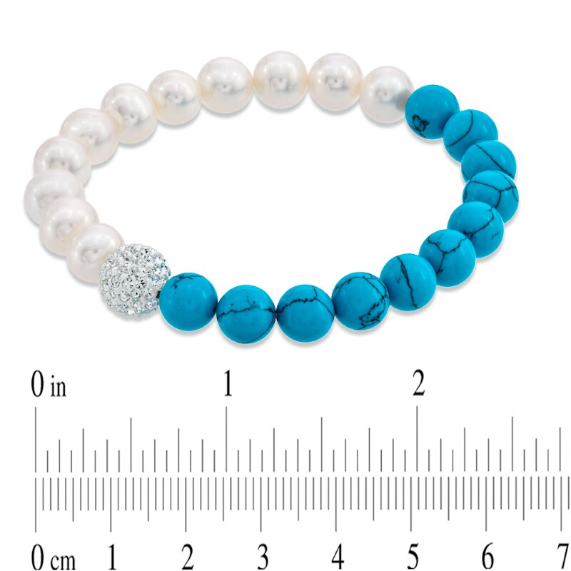 8.0 - 9.0mm Cultured Freshwater Pearl, Turquoise and Crystal Bracelet - 7.25"