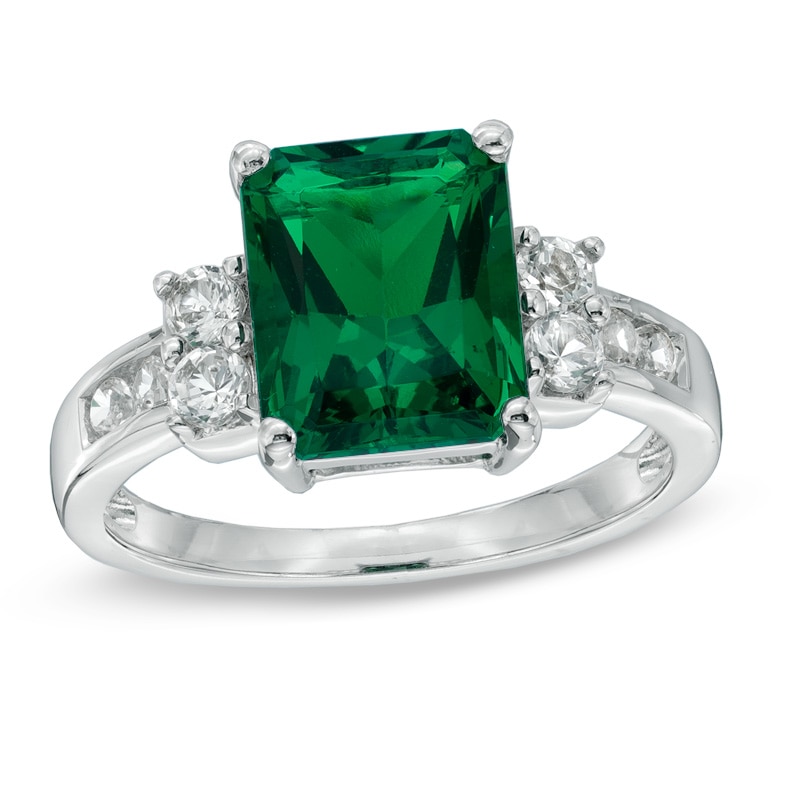 Main Image 1 of Emerald-Cut Lab-Created Emerald and White Sapphire Ring in Sterling Silver