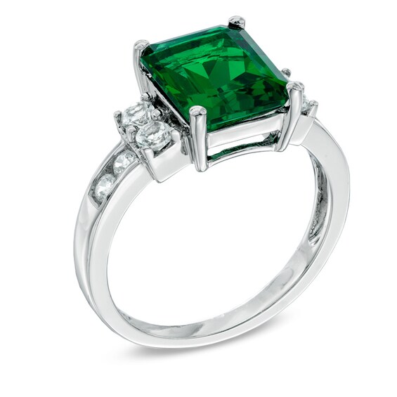 Emerald-Cut Lab-Created Emerald and White Sapphire Ring in Sterling Silver