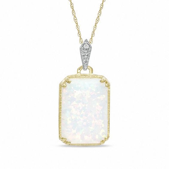 Rectangular Lab-Created Opal and Diamond Accent Pendant in 10K Gold