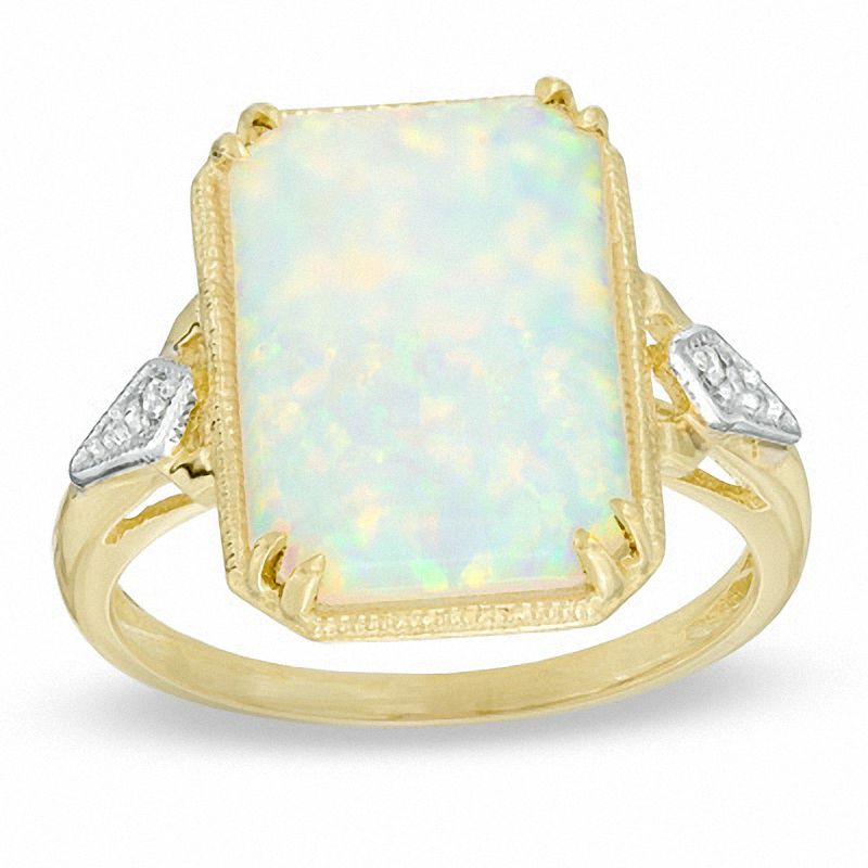 Rectangular Lab-Created Opal and Diamond Accent Ring in 10K Gold