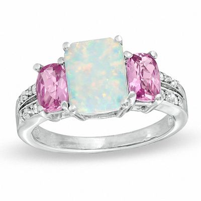 Cushion-Cut Lab-Created Opal, Pink Sapphire and Diamond Accent Ring in 10K  White Gold