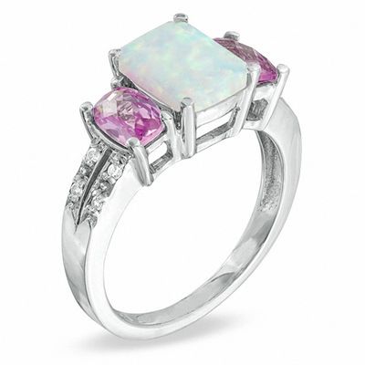 Cushion-Cut Lab-Created Opal, Pink Sapphire and Diamond Accent Ring in 10K  White Gold