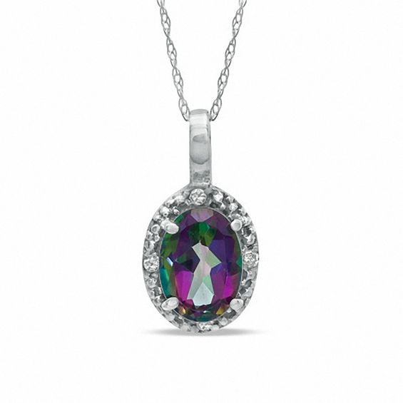 Oval Mystic FireÂ® Topaz and Diamond Accent Pendant in 10K White Gold