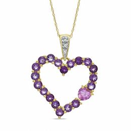 Amethyst, Lab-Created Pink Sapphire and Diamond Accent Heart Pendant in 10K Gold