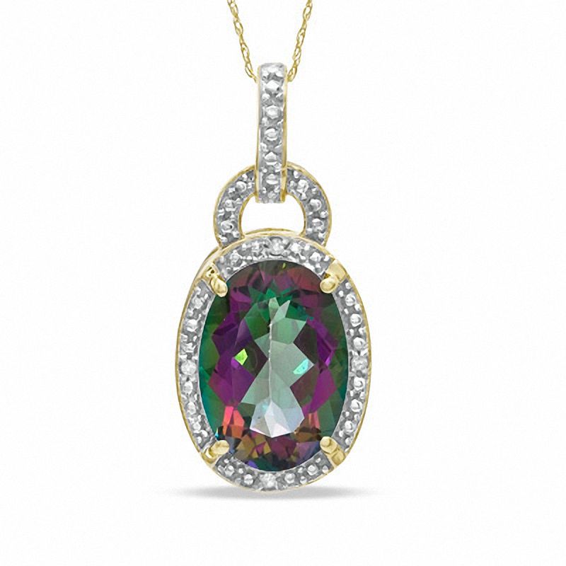 Main Image 1 of Oval Mystic Fire® Topaz and Diamond Accent Pendant in 10K Gold