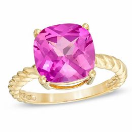 10.0mm Cushion-Cut Lab-Created Pink Sapphire Ring in 10K Gold