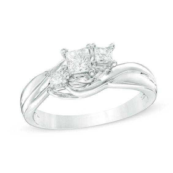 1/2 CT. T.w. Princess-Cut Diamond Three Stone Swirl Engagement Ring in 14K White Gold