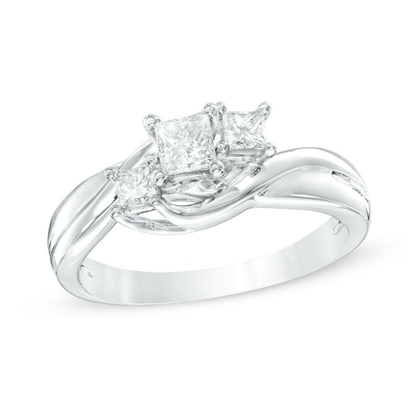 1/2 CT. T.W. Princess-Cut Diamond Three Stone Swirl Engagement Ring in 14K White Gold
