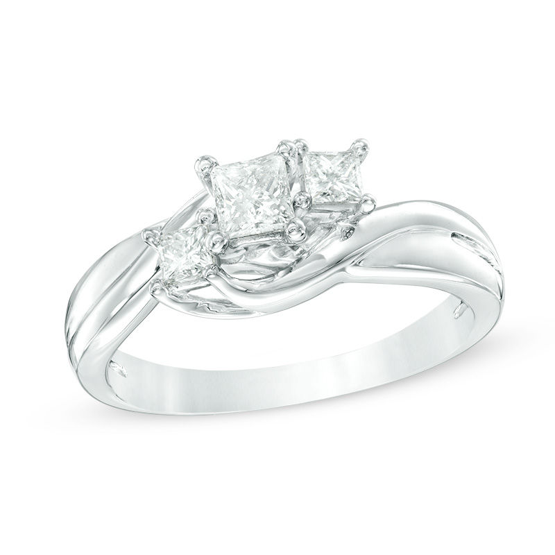 Main Image 1 of 1/2 CT. T.W. Princess-Cut Diamond Three Stone Swirl Engagement Ring in 14K White Gold