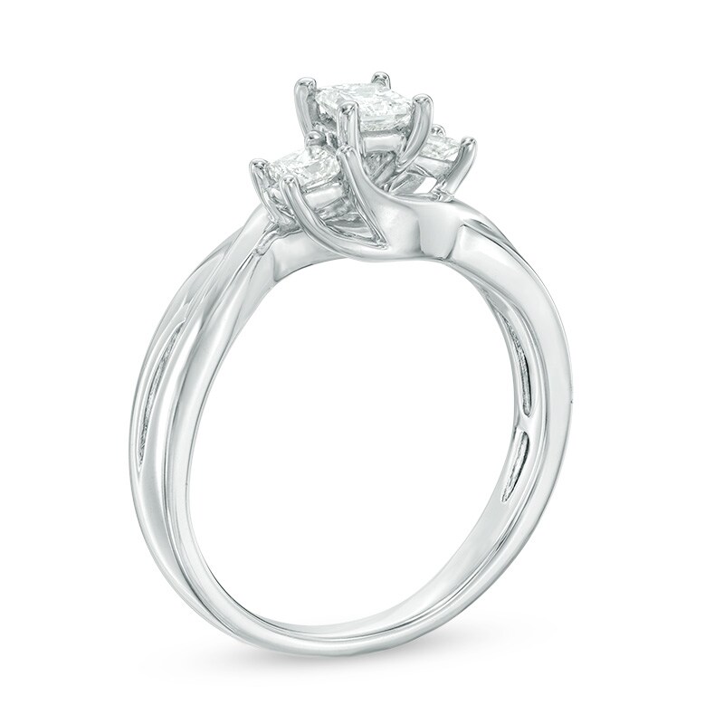 Main Image 2 of 1/2 CT. T.W. Princess-Cut Diamond Three Stone Swirl Engagement Ring in 14K White Gold