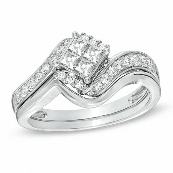 5/8 CT. T.w. Princess-Cut Quad Diamond Bypass Bridal Set in 10K White Gold