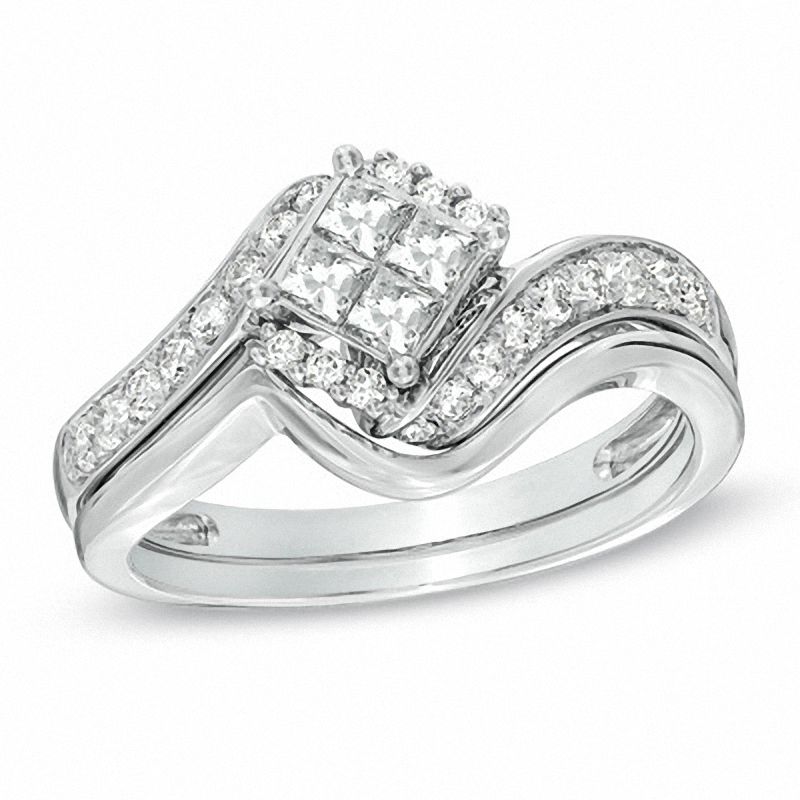 Main Image 1 of 5/8 CT. T.W. Princess-Cut Quad Diamond Bypass Bridal Set in 10K White Gold
