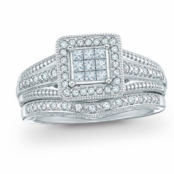 3/8 CT. T.w. Princess-Cut Composite Diamond Frame Bridal Set in 10K White Gold