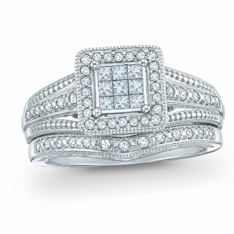 3/8 CT. T.W. Princess-Cut Composite Diamond Frame Bridal Set in 10K White Gold