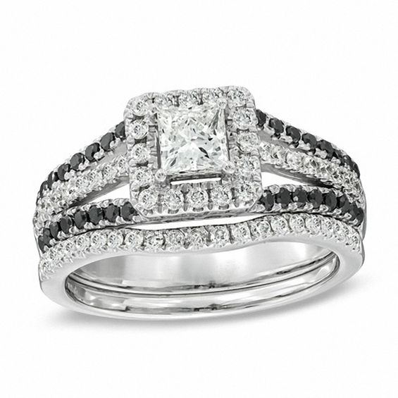 1 CT. T.w. Enhanced Black and White Diamond Square Frame Bridal Set in 14K White Gold