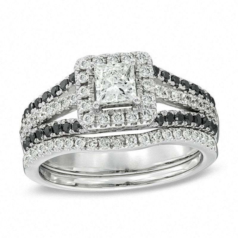 Main Image 1 of 1 CT. T.W. Enhanced Black and White Diamond Square Frame Bridal Set in 14K White Gold