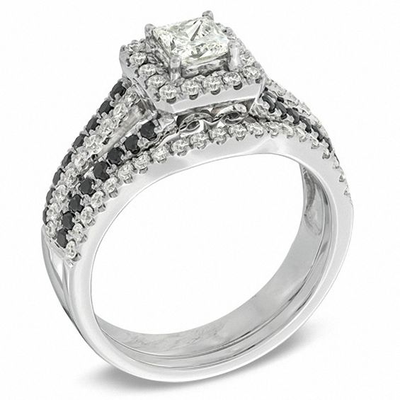 1 CT. T.w. Enhanced Black and White Diamond Square Frame Bridal Set in 14K White Gold