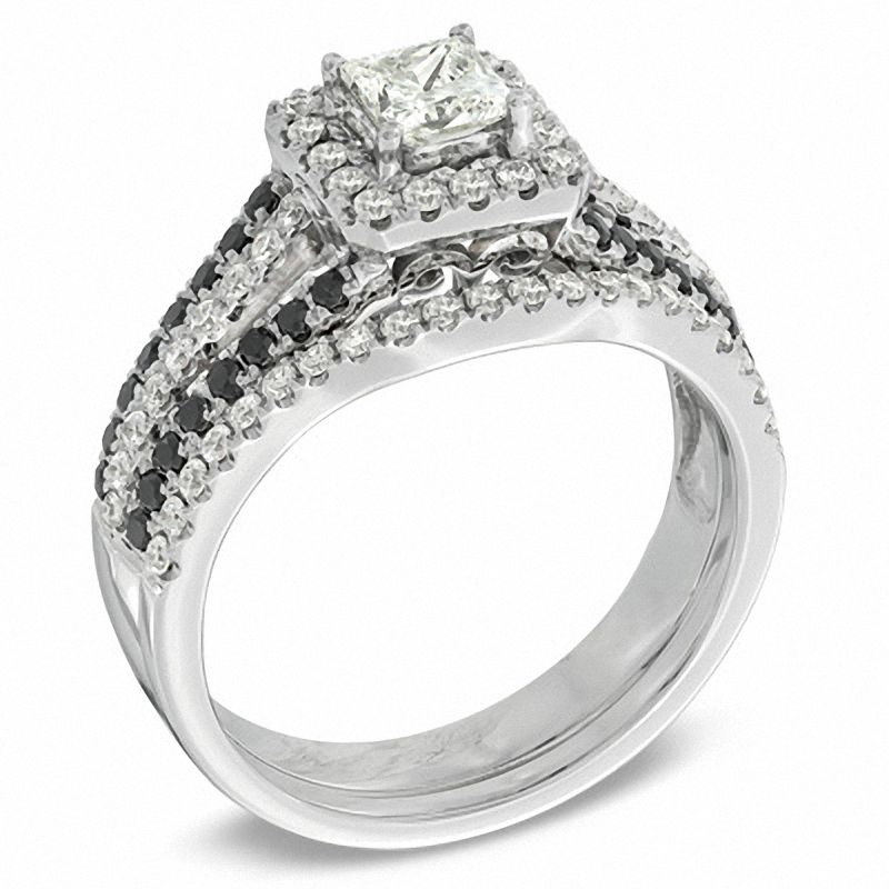 Main Image 2 of 1 CT. T.W. Enhanced Black and White Diamond Square Frame Bridal Set in 14K White Gold