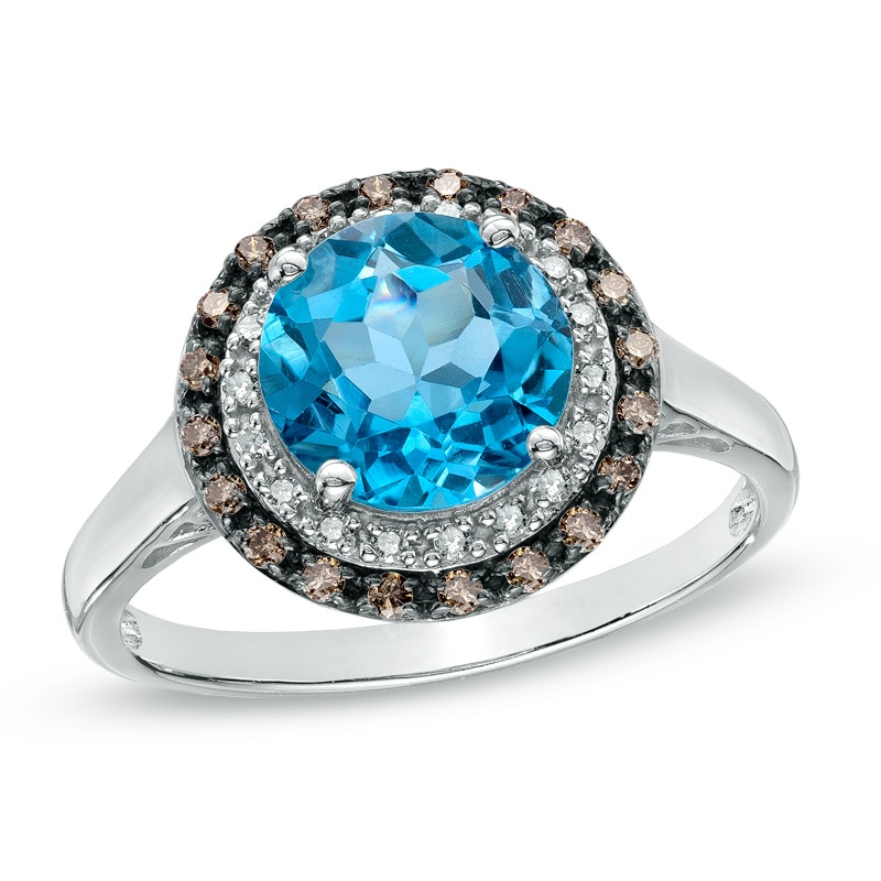 Main Image 1 of 8.0mm Swiss Blue Topaz and 1/5 CT. T.W. Enhanced Champagne and White Diamond Ring in 10K White Gold