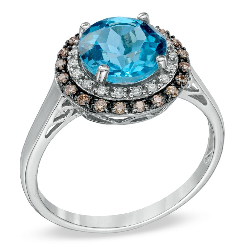 Main Image 2 of 8.0mm Swiss Blue Topaz and 1/5 CT. T.W. Enhanced Champagne and White Diamond Ring in 10K White Gold