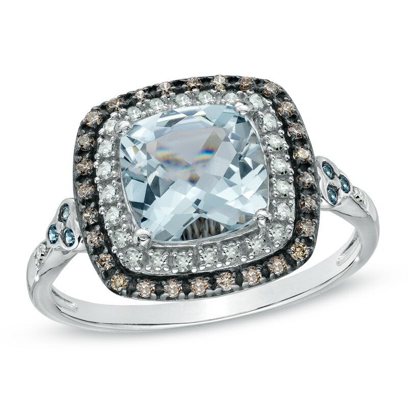 Main Image 1 of Aquamarine, London Blue Topaz and 1/5 CT. T.W. Enhanced Champagne and White Diamond Ring in 10K White Gold
