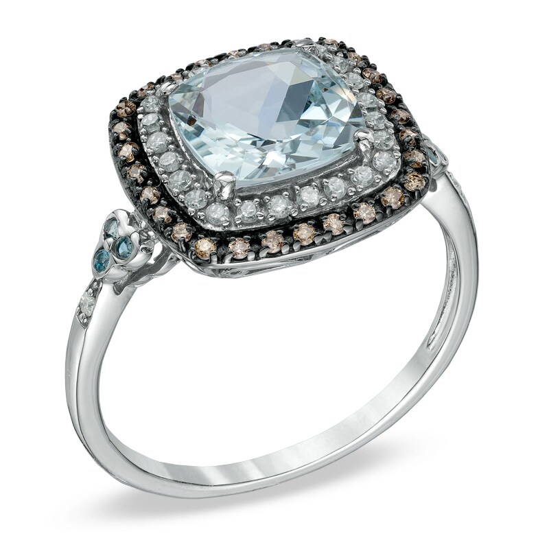 Main Image 2 of Aquamarine, London Blue Topaz and 1/5 CT. T.W. Enhanced Champagne and White Diamond Ring in 10K White Gold